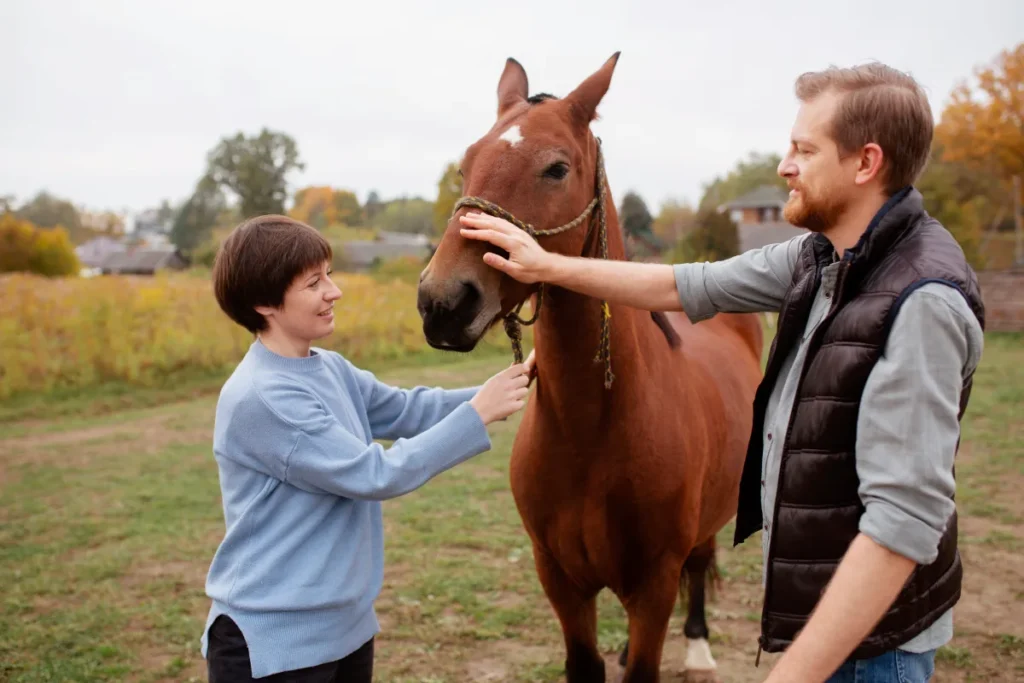 duas pessoas interagindo com um cavalo