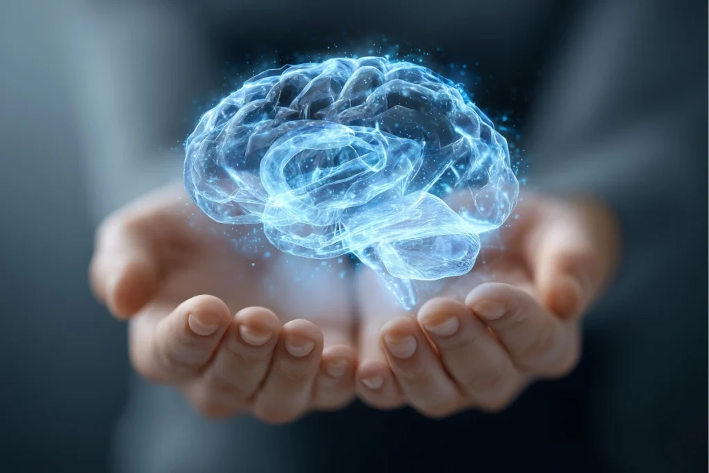 mãos apoiando o cérebro